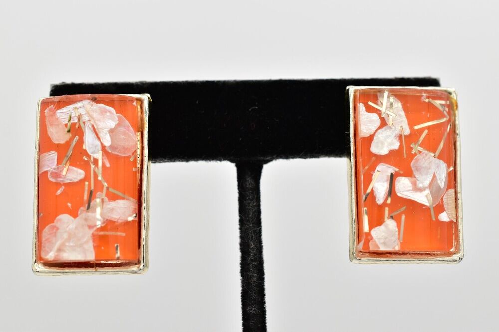 Vintage Lucite Clip On Earrings Orange Mother Pearl Flake Rectangle 1960s BinBB